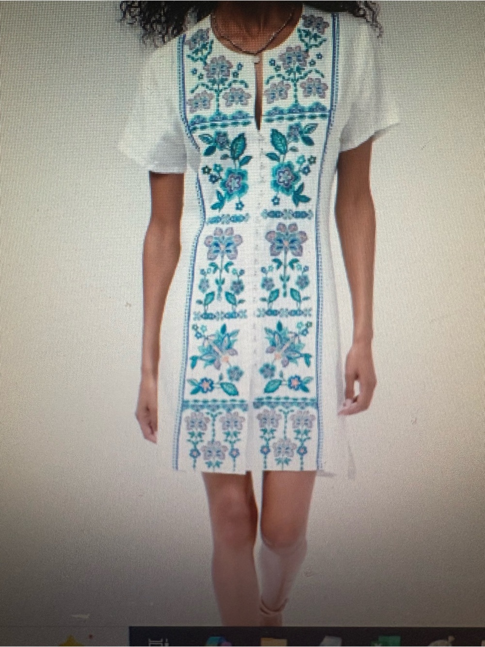 NWT Johnny Was Whit Embroidered Short Sleeve Tunic Dress with Teal Floral Detail